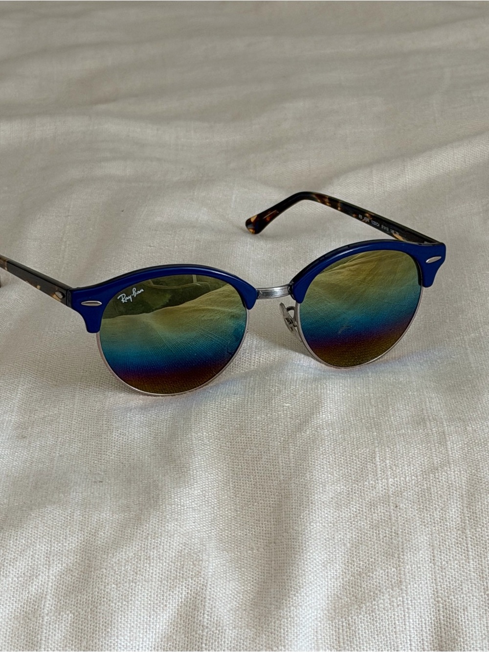 Ray-Ban Blue Frame Sunglasses with Tortoiseshell Arms and Rainbow Lenses